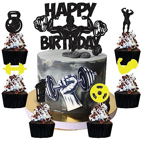 25 Stück Fitness Kuchen Dekorationen Gym Kuchendeko Powerlifter Cake Topper Sport Kuchendeko Glitzer Hanteln Wasserbecher Muskel Cupcake Topper für Männer Sport Fitness Thema Party Dekorationen