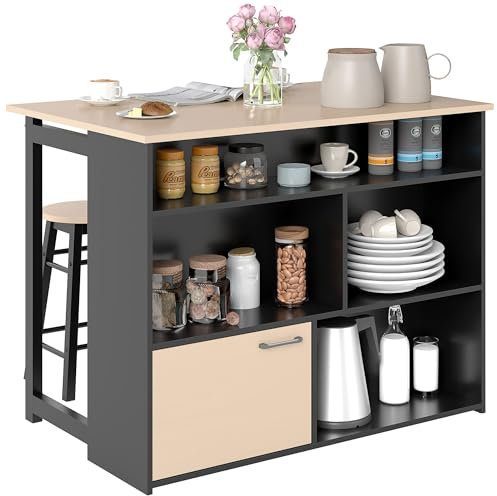 HOMCOM Bartisch mit Barhocker Set, Bartisch Set für 2 Personen, Esstisch mit Klappbarer Tischplatte, Schrank, 2 Stühlen, Fußstütze, Moderner Tresentisch für Esszimmer, Eiche