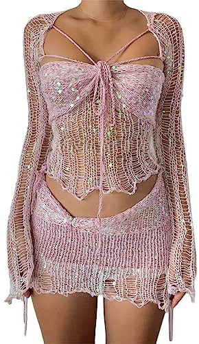 ORANDESIGNE Gonna Set in Maglia di Donne in Paillettes 2 Pezzi Scintillanti Scava Fuori Manica Lunga Crop Top Mini Gonna Abiti Sexy Y2K Gonna Copricostume da Spiaggia