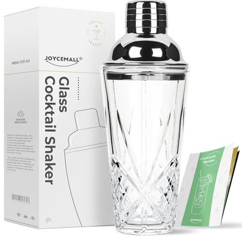 JOYCEMALL - Coctelera de vidrio de 14.5 onzas, coctelera de cristal cortado con tapa de acero inoxidable y colador, para uso doméstico y cóctel de whisky de bar, color plateado