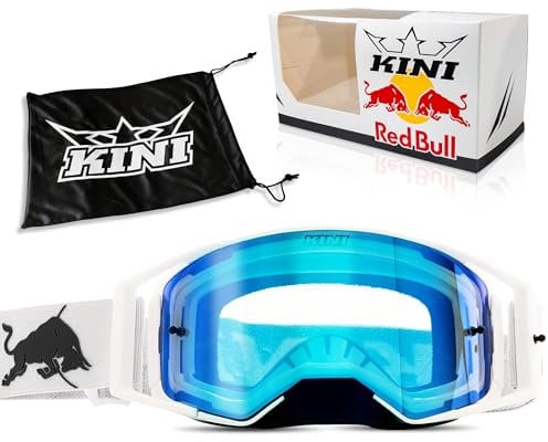 Kini Red Bull Motocross Brille Herren Damen [PREMIUM] Crossbrille verspiegelt weiß + Brillentasche integriertes Brillenputztuch - Cross Brille für Brillenträger geeignet - Downhill Brille