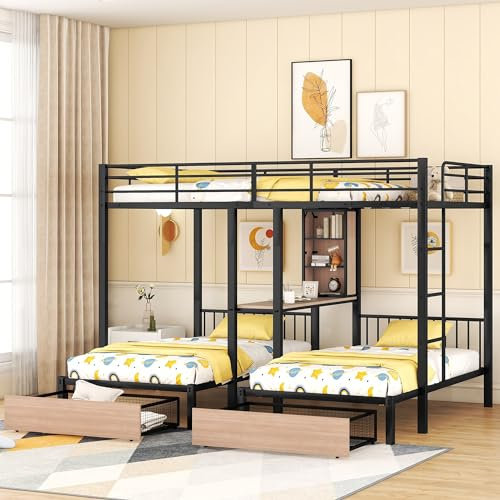 Triple Bunk Beds for Kids, Full Over Twin & Twin Bunk Bed with Desk and Storage, 3 Bunk Beds with 2 Drawers and Bookcase, Triple Bunk Beds for Kids, Teens, Full Over Twin & Twin Bunk Bed Black