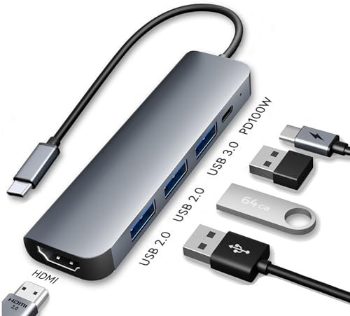 USB C Multiport Adapter, 5-in-1 Docking Station with 100W PD Charging, HDMI 4K Adaptor for Dual Monitor, 3 USB Data Ports, USB Dock for MacBook, iPhone 15 Pro Plus, iPad, PC, Laptop, Dell, HP, Lenovo