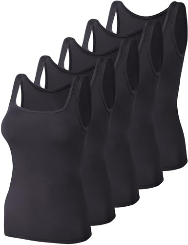 BQTQ 5 Stück Unterhemd Damen Tank Top mit Quadratischem Ausschnitt, Elastische Tank Tops Camisole Crop Top Stretch Untershirt Ärmellos, Schwarz, XXL