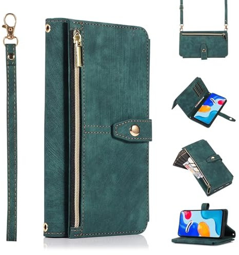 ESONG Coque pour Xiaomi Redmi Note 13 Pro 5G,Etui en Cuir PU Portefeuille Flip Housse avec Sangle réglable/9 Fente pour Carte/Magnétique,Anti-Choc Case Cover,Vert