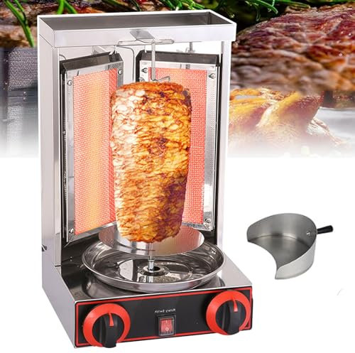 Parrilla de gas vertical comercial para shawarma, parrilla eléctrica de acero inoxidable giratoria de 360°, diseño independiente de componentes, asado de carne de doble cara 6 kg/hora