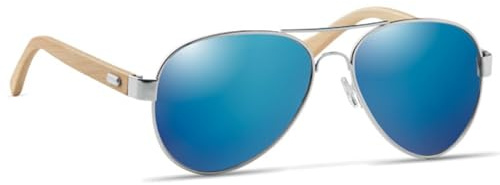 noTrash2003 Pilotenbrille Sonnenbrille mit farbig verspiegelten Gläsern UV400 CAT3 Starker Blendschutz mit Bambusbügeln im Retrolook im Mikrofaserbeutel als Brillenputztuch