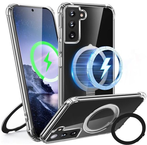 Tawarror Magnetisch Handyhülle für Samsung Galaxy S21 FE 5G Hülle mit Ständer Kompatibel mit MagSafe Transparent Hart PC Rückseite Schutzhülle Kratzfest + TPU Bumper Stoßfest, Klar