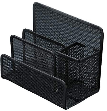 SHOOYIO Kleiner Schreibtisch-Stifthalter, Brief-Organizer, schwarz, Netzstoff, Briefablage mit 3 Fächern, Schublade, Metallgitter, Schreibtischaufbewahrung, Bürozubehör