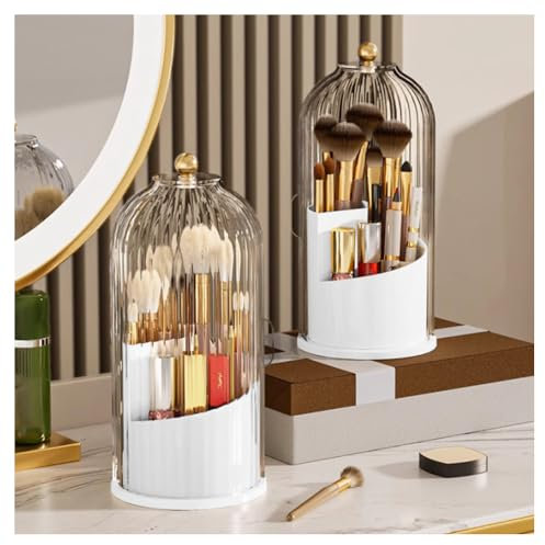 Primst Makeup Brush Organizer, Rotating Makeup Brushes Storage with Lid, Cosmetic Tools Organizer for Vanity Desktop Bathroom Countertop (White)