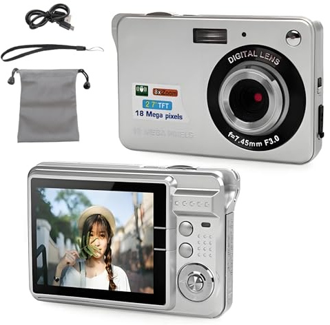 4K Digitalkamera, 1080P FHD 44MP mit 2,7“ LCD Bildschirm Kompaktkamera, Anti Shake Portable Vlogging Kamera mit Lanyard und Tasche für Kinder Teenager Studenten Anfänger (Silber)