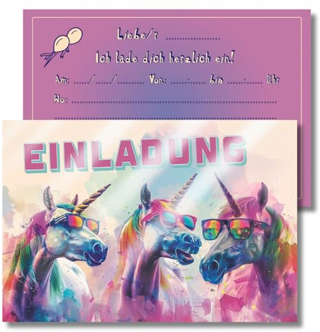 Berninja 12 Einladungskarten für Kindergeburtstag mit süßen Partyvögeln und Einhörnern – XL-Format, ideal für Mädchen und Jungs (Einhorn)