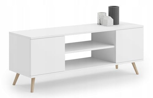 KOBI Meuble TV Focus, Blanc, 135 cm | Style scandinave | Pieds en Bois | Au Salon