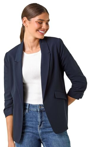 Roman Originals Ruched Sleeve Stretch Blazer for Women UK - Ladies Everyday Holiday Spring Summer Edge to Edge Opening Comfy Soft Evening Vacation Work Party - Navy - Size 10