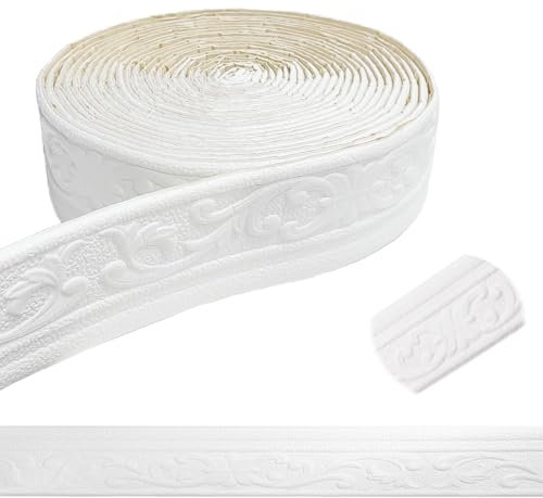 Chingcoo Bordüre Selbstklebend,10m x 8cm x 5 mm Weiß Tapetenbordüre Selbstklebend, Wasserdicht Bordüre 3D, Fliesen Roll Border Trims für Ecken Linien Decken Dekoration