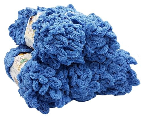 500 Gramm Puffy Schlaufenwolle Ilkadim Export, 5 x 100 Gramm Fingerstrick - Wolle super bulky, Schlaufenwolle, Strickwolle, Stricken ohne Nadel (blau 374)