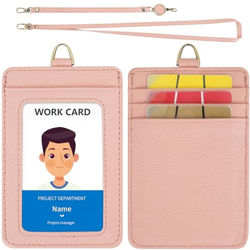 Wason Porta Badge in Vera Pelle con Laccetto Rimovibile, Cinturino a Mano e Mulinello Retrattile, 5 slot per carte di credito per studenti infermieri dottori ingegneri autisti (Rosa)