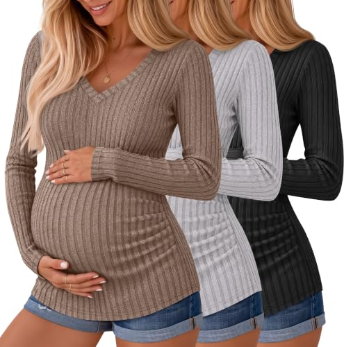 Ficerd Pack de 3 Jerséis Premamá de Canalé Manga Larga | Camisetas premamá, Jersey de cuello V, Fruncido lateral, Jersey suave de otoño, Looks casuales de invierno