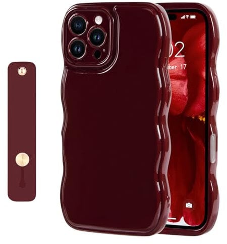 NITITOP Compatible with iPhone 16 Pro Case Cute Burgundy Simple Wave Design Stylish Wavy Curly Frame with Wrist Adjustable Hand Strap Kickstand Grip Holder Protective Cover-Wine Red