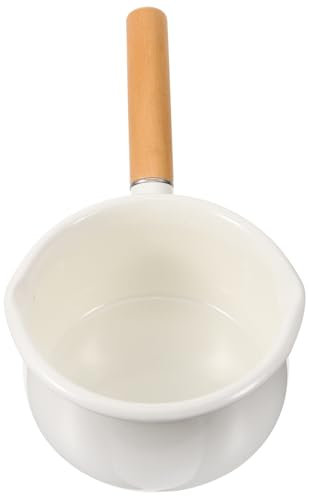 WATIIFUFU Pot En Émail 1000ml Poignée En Bois Massif, Casserole Antiadhésive Épaisse, Mini Casserole Blanche Pour Cuisson Bébé Et Préparation Lait, Usage Quotidien La Cuisine, Marmite Multifonction