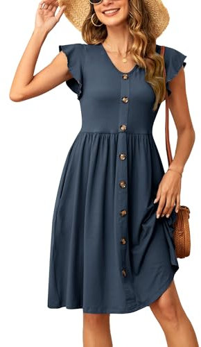 SENBATU Robes d'été Femmes Manches à Volants Robe de Plage col en v Robe midi plissée avec Poches Uni Bleu Marine Clair Petit S 34-36