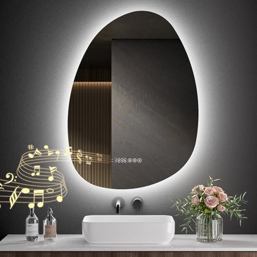 S'AFIELINA Badspiegel mit Beleuchtung Asymmetrisch 85 × 50 × 3,0 cm (H × B × T) Spiegel mit Beleuchtung mit Touch, 3 Lichtfarben dimmbar, beschlagfrei, Bluetooth, Speicherfunktion, Badezimmer Spiegel