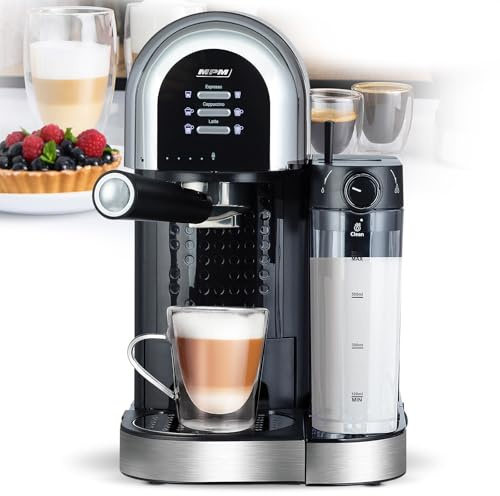 MPM Espressomaschine MKW-14M - Mit 15 Bar Pumpendruck - Automatischer Milchaufschäumer - Thermoblock Heizsystem - 6 Kaffeemöglichkeiten - Latte - Cappuccino - Espresso
