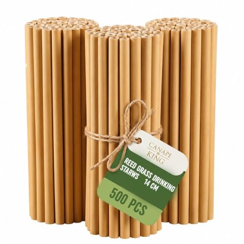 Canape King 500pcs Natural Drinking Straws | 14cm Disposable Reed Grass Wooden Straws | Biodegradable Reusable Bamboo Straw | Heavy-Duty Straws Perfect for Cocktail Juice Smoothies Coffee