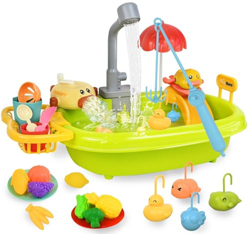 Joellfuner Lavello per Bambini, avello Giocattolo con Acqua, Creazione di Bolle, Giocattoli da Pesca, Circolazione Automatica Dell'acqua, Accessori Cucina Giocattolo, Lavello Cucina per Bambini 3+