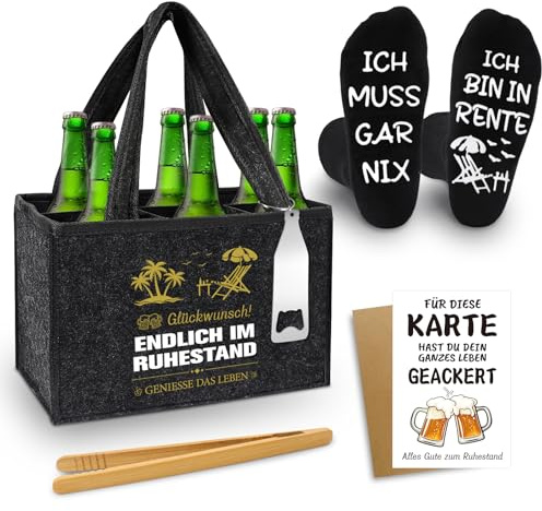 Shining She Renteneintritt Geschenk Männer Männerhandtasche Bier | Filz Flaschentasche 6 Flaschen mit Flaschenöffner Eiszange Bier Socken Grußkarten,Rente Geschenk Mann für Kollegen Freund Opa