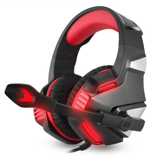 YUEHISY Wired Gaming Headset mit 50 -mm -Treibern, Dual 3,5 Mm/USB für PC, PS5XBox, Einstellbares Mikrofon, Proteinleder -Ohrhörer (Schwarz Rot)