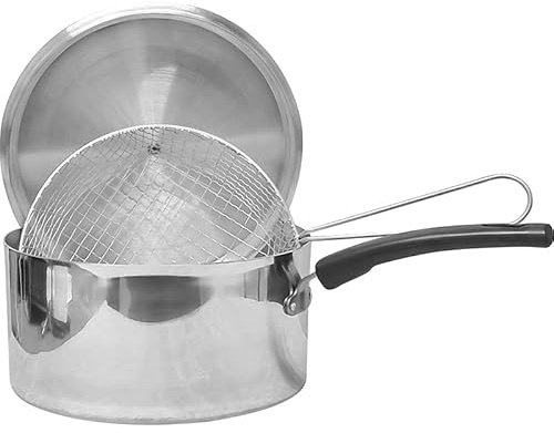 MTK HOUSEWARES Polished Aluminium Chip Pan, with Basket and Lid, 22cm / 9 Made in UK