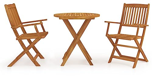 Garten-Essgruppe, massives Akazienholz, 3-teiliges Klappmöbel-Set mit Tisch und Stühlen für Terrasse und Wintergarten