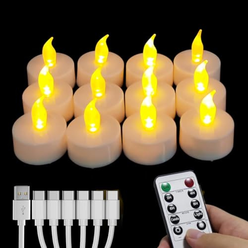 Wiederaufladbare Led Teelichter, 12 Stück Wiederaufladbare Kerzen Flackernd mit Fernbedienung und Timer,Mit 6-Port USB Ladekabel LED Kerzen für Hochzeiten Partys Halloween warmem Gelb