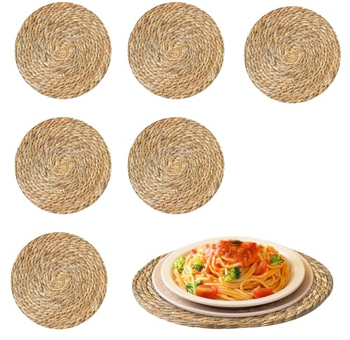 Shuqio 6er Set Rundes Tischuntersetzer-Set aus Handgeflochtenem Rohrkolben, 30cm Abwaschbare Platzsets Rund Tischuntersetzer für Esstisch, Küche, Boho Heimdeko, Bauernhausstil & Gartengastronomie