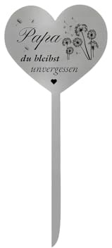 Iirlvior Grabstecker Metall Herz, Grabschmuck Wetterfest Grabdeko, Grabdekoration Edelstahl, mit Spruch Papa du bleibst unvergessen und Löwenzahn Design, für Friedhöfe und Gedenkstätten, 28 x 12 cm
