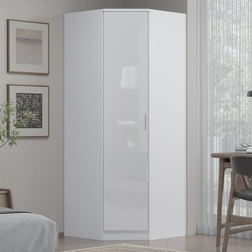 Reflect 1 Door Corner Wardrobe | White Gloss & Matt White | Bedroom Storage with 2 Hanging Rails & 1 Shelf | H:180cm x W:74.4cm x D: 74.4cm