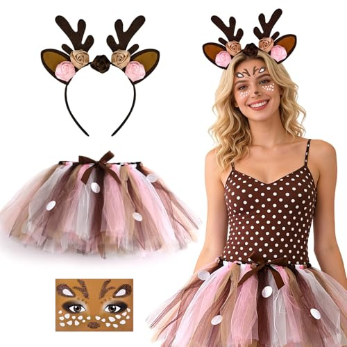 xinrongda Reh Kostüm Damen, Karnevalskostüme Damen, Rehkostüm Dame mit Haarreif Tattoo Gesicht Tüllrock, Bambi Kostüm Damen für Frauen Karneval Fasching Cosplay Mottoparty