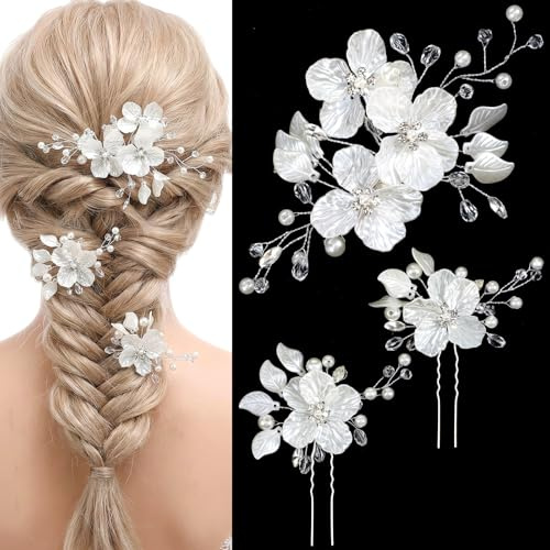 Ouligay 3 Stück Haarspange Braut Haarspangen, Weiß Perle Haarnadeln Französische Haarspange Hochzeit, Weiß Braut Haarschmuck Perlen Glitzer Brautschmuck Hochzeit Haarschmuck Kommunion Mädchen Frauen