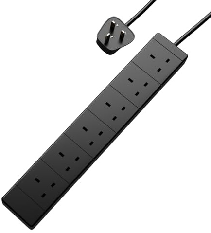 rhinocables 6 Gang Outlet Extension Lead (10m, Black) | 13A UK Plug Cable for Lamps, Chargers & Office Devices, BS1363/A 230V Wire for Safe Home Power Management, Black