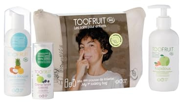 TOOFRUIT Mein erster Kulturbeutel – Kinderpflegeset mit Shampoo, Reinigungsschaum & Feuchtigkeitscreme + Fair Trade Baumwolltasche