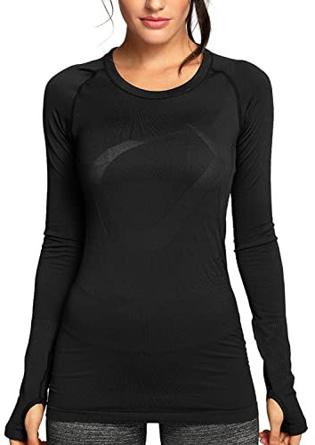 CRZ YOGA Women's Active Long Sleeve Sports Running Tee Top Seamless Leisure T-Shirt Black M (UK 12)
