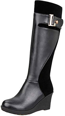 CuteFlats Damen Keilabsatz Langschaft Stiefel (Schwarz, 33)
