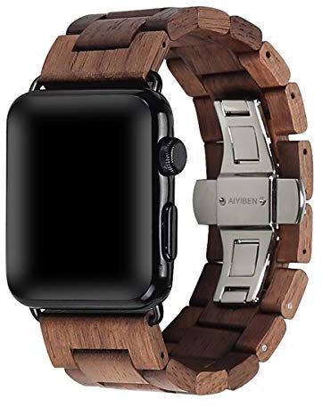AIYIBEN Bracelet en bois avec boucle papillon en acier inoxydable 42/44/45/49mm compatible avec la série iWatch Ultra 2 SE 1 2 3 4 5 6 7 8 9 (walnut)