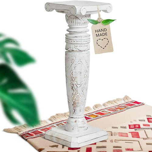 livasia edle Blumensäule Holz im Antik-Look – 60cm – Dekosäule aus Albiziaholz, Handgefertigt, Nachhaltig und Einzigartig aus Bali, Perfekt für Wohnzimmer, Flur oder Garten (Weiß)