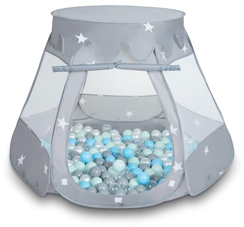 Selonis Baby Spielzelt Mit Plastikbällen Zelt 105X90cm/300 Bälle Plastikkugel Kinder, Grau:Perle-Grau-Transparent-Babyblau-Mint