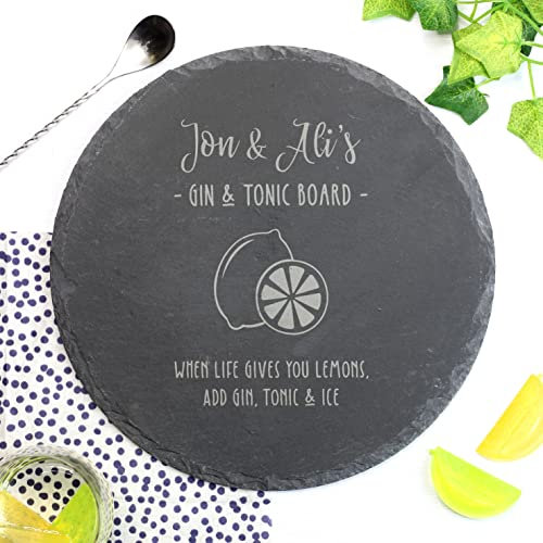 eBuyGB Personalised Slate Gin & Tonic Chopping Board Gift, Round Serving Board, Laser Engraved Chopping Block
