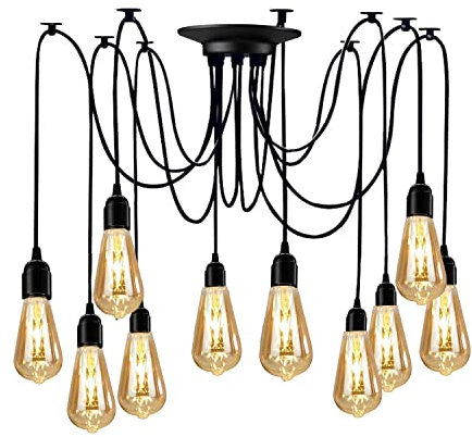 YNXing Vintage Edison Pendelleuchte Einstellbar Hängelampe Industrieleuchten schwarz Kronleuchter, 1/3/5/6 Kopf (10 Lampenhalterung)