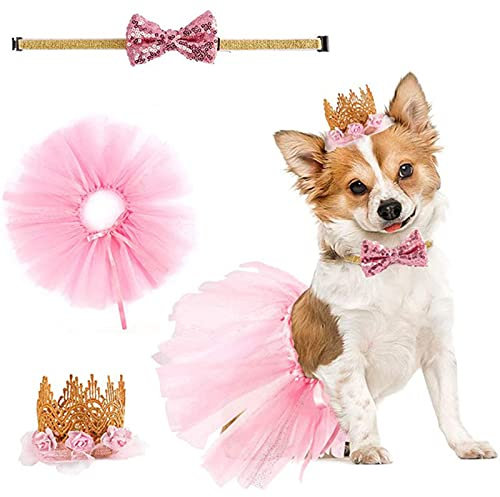 Zhenp 3 Stück Hochzeitskleid für Hunde, Tutu Rock für Hunde, Hunde Prinzessin Kronen Set, Haustier Tutu Krone, Hundegeburtstag Anzug, Hunde Tutu Rock Set, mit Krone, Rock, Kragen, für kleines Haustier