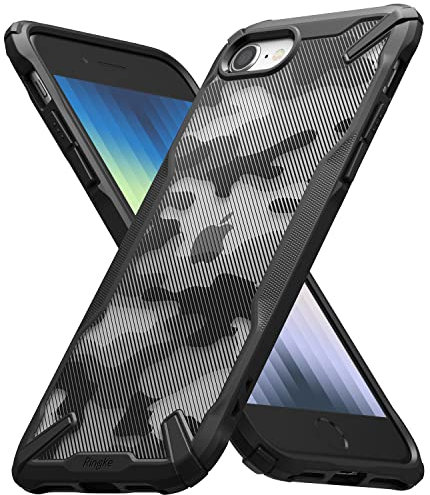 Ringke Fusion-X Kompatibel mit iPhone SE 2022 5G (SE 3) Hülle und iPhone SE 2020, iPhone 8, iPhone 7, Handschlaufe Loch im Rand mit 3D Militär Muster - Camo Black